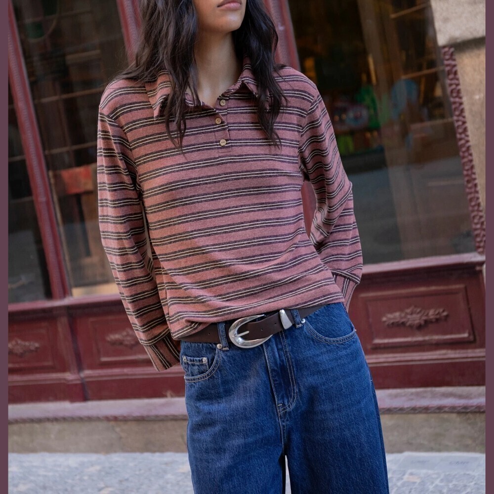 Mauve Pink / Charcoal Striped Collared Button Placket Long Sleeve Polo Top